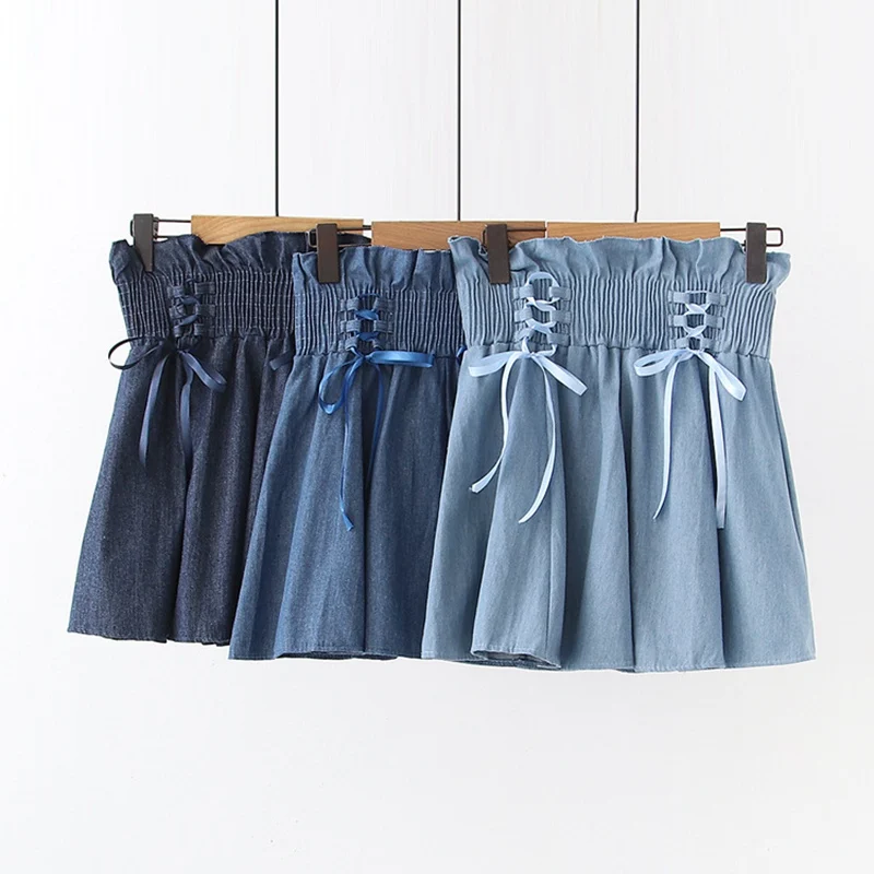 Милые осенние Mori для женщин и девушек с высокой талией тонкие джинсовые юбки из денима женская одежда принцесса Лук плиссированные юбки AFC29