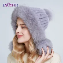 ENJOYFUR зимние шапки из натурального меха норки для женщин помпон из лисьего меха защита для ушей шапки теплые вязаные меховые шапки на подкладке модная Русская Шапка