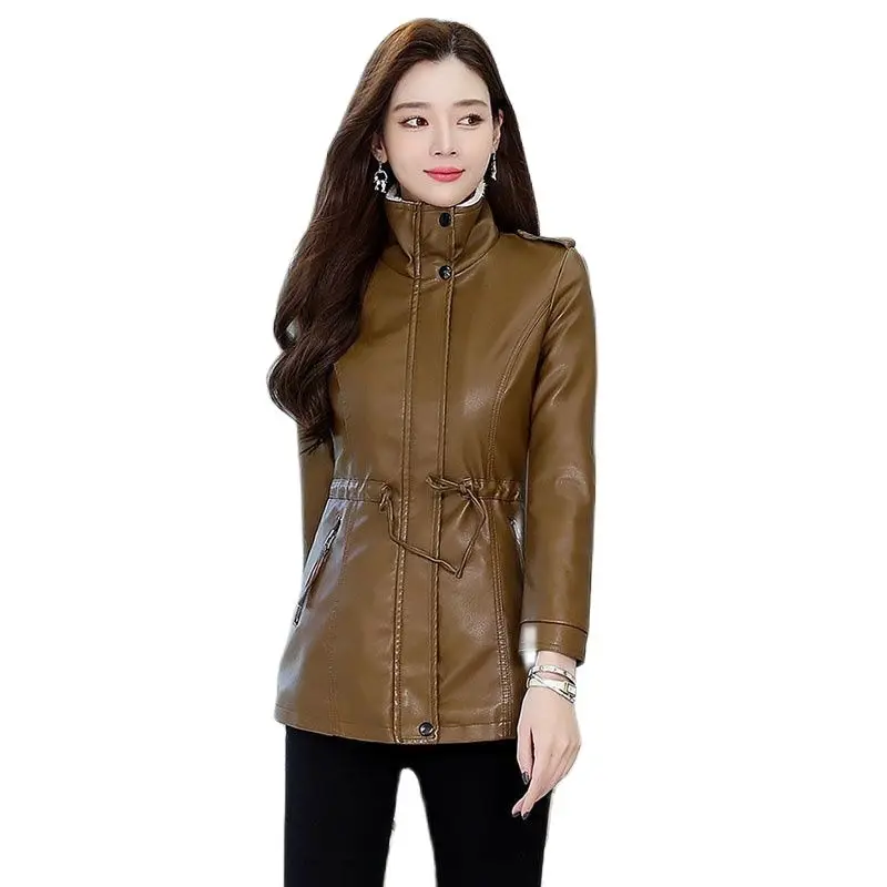 

Upscale Imitation Real Leather Jacket Female Medium Long Fleece New Autumn Winter Slim Fit Keep Warm Ladies Leather Coat 4XL