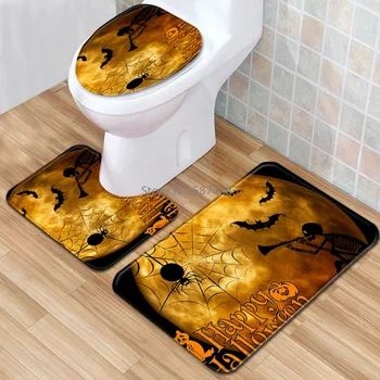 

Halloween Decoration 3 Pieces Set Bathroom Mat Skull Pattern Pedestal Rug + Toilet Cover + Bath Mat Set Anti-slip Carpet