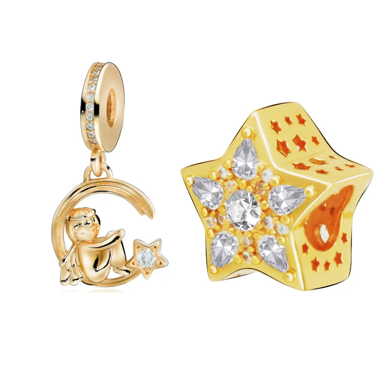 

2019 Winter New 100% 925 Sterling Silver Beads Gold Color Star Charm fit Original Pandora Bracelets Gift jewelry