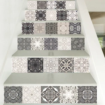 Gray Mandala Pattern Floral Ornament Ceramic Tiles Wall Sticker Stair Kitchen Home Decor Wall Decals Peel Stick Art Wallpaper