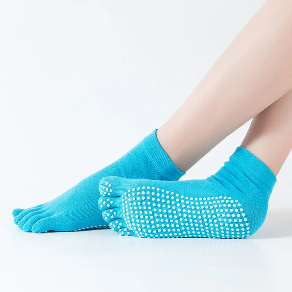 Sky blue Носки для йоги, Женские Балетные Нескользящие зимние носки с 5 носками, нескользящие спортивные хлопковые ленты, спортивные носки для фитнеса - Цвет: Sky blue