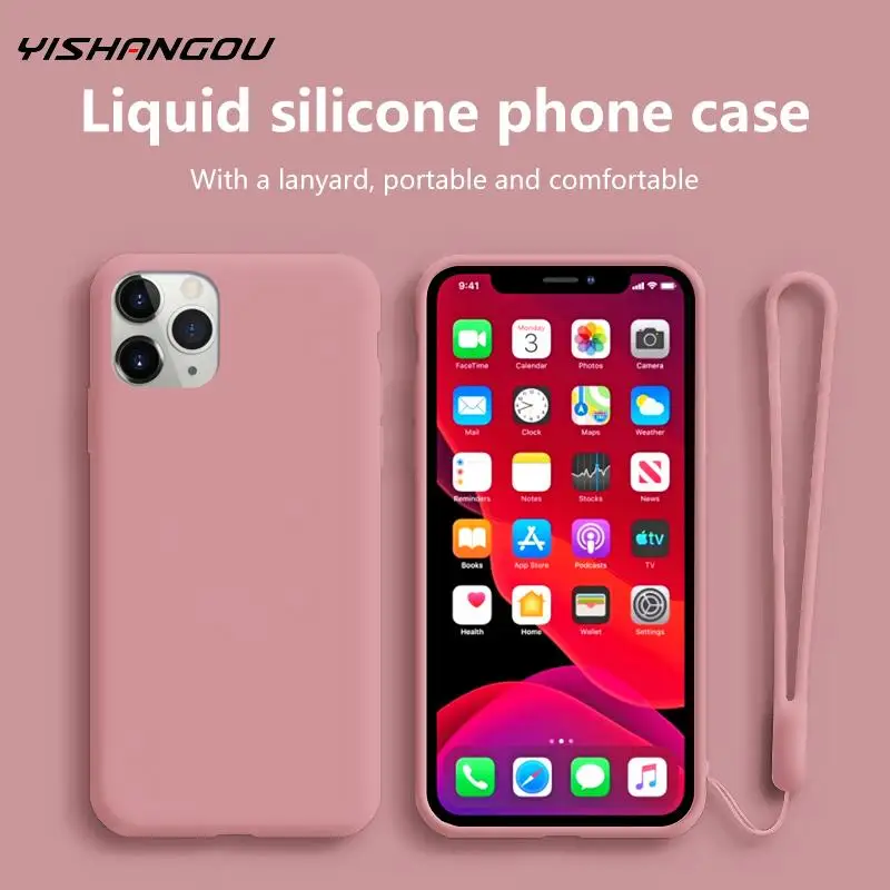 Liquid Silicone Phone Case For iPhone 11 Pro Max XS XR X 10 8 7 Plus 6 6s 5 5S SE Soft Solid Color With Lanyard Coque | Мобильные
