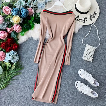 

Winter Women Knitted Sweater Dress Slim Slash Neck Knitted Long-sleeved Mid-calf Button Pencil Dress Ladies Dress Brief Dress