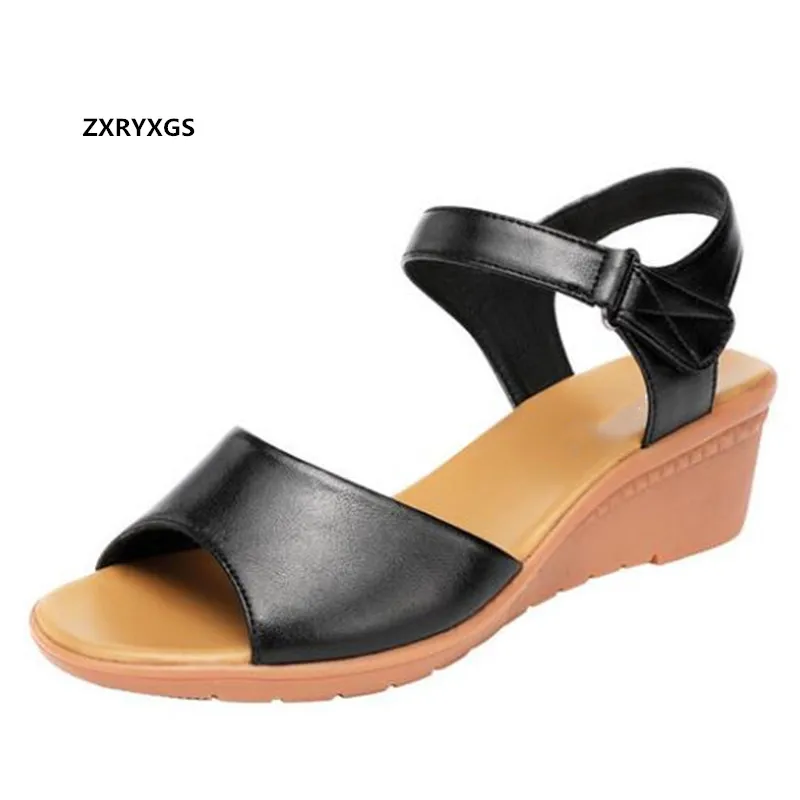 

Hot Promotion Soft Cowhide Summer Women Sandals 2021 New Large Size Soft Sole Comfortable Women's Shoes Flat Wedges Sandals