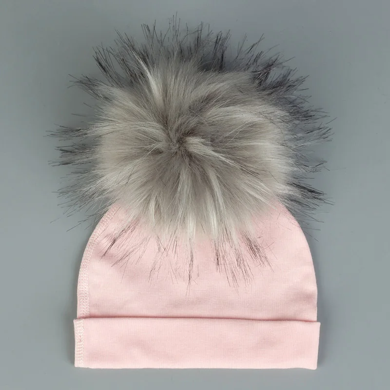 Geebro/хлопковая шапка для новорожденных из искусственного меха, детская шапка с помпоном, шапка с помпоном для детей, зимние шапки для мальчиков и девочек, детские шапки из искусственного меха - Цвет: 19Light Pink