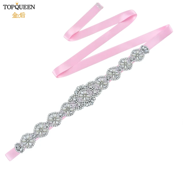 TOPQUEEN S161 Bridal Belts Wedding Women Jewelry Silver Rhinestone Pearl Crystal for Sparkly Party Formal Dress Diamond Sash Pink Ribbon