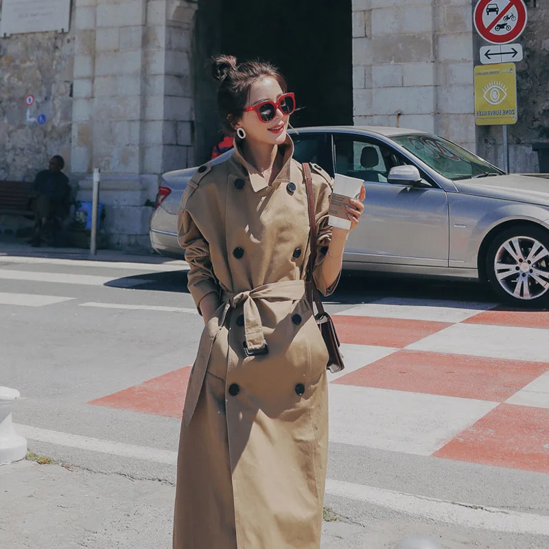

Korean-style CHIC Mid-length over-the-Knee Overcoat Double Breasted Slim Fit Fold-down Collar Trench Coat Women's Cotton Waist H