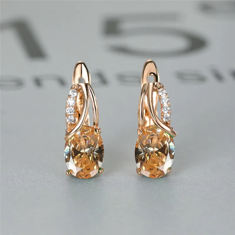 Aqua Blue Zircon Oval Stone Earrings Multicolor Crystal Hoop Earrings Rose Gold Color Engagement Earrings For Women Boho Jewelry