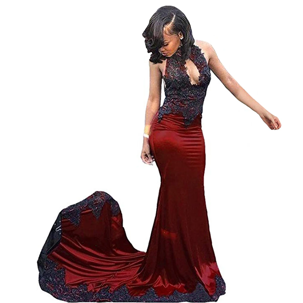 Sexy Halter Mermaid Black Lace Prom Evening Dress 2024 New Sleeveless Backless Banquet Party Gowns vestidos de longo
