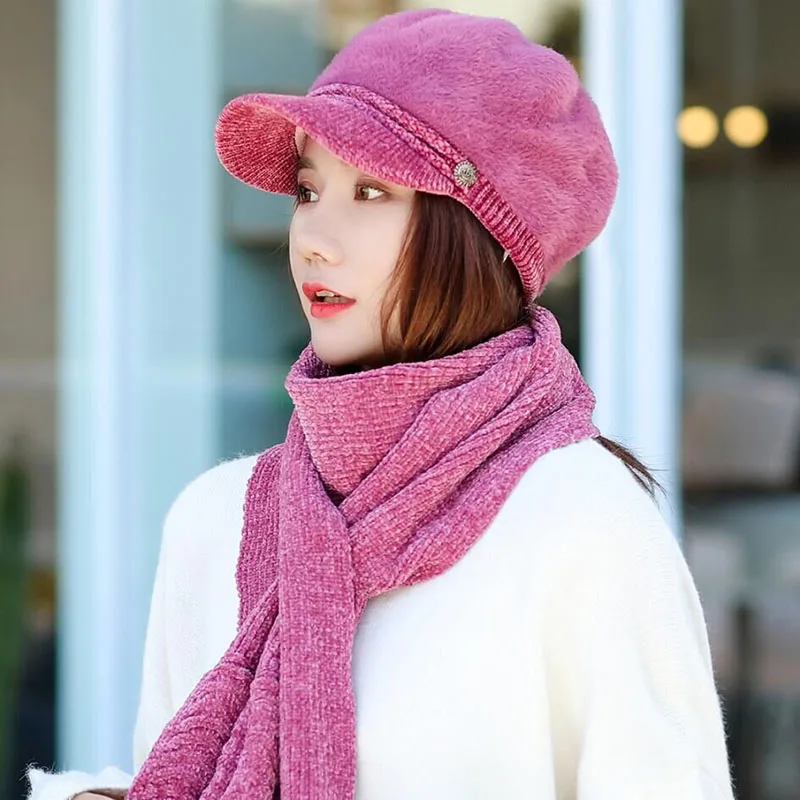 HANGYUNXUANHAO Women French Beret Hat Scarf Set Winter Warm Lady Hat Chenille Elegant Beanie Cap