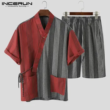 

Leisure Patchwork Pajamas Sets Fashion Striped Sleepwear Suits Men Vintage Homewear INCERUN Kimono Blouse Drawstring Shorts Suit