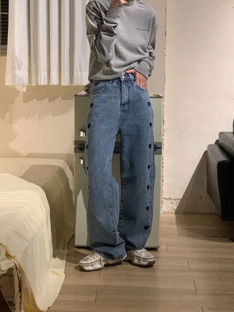 Streetwear Heart Embroidery Baggy Jeans Women High Waist Loose Wide Leg Long Pants Straight Denim Trouser Pantalones De Mujer
