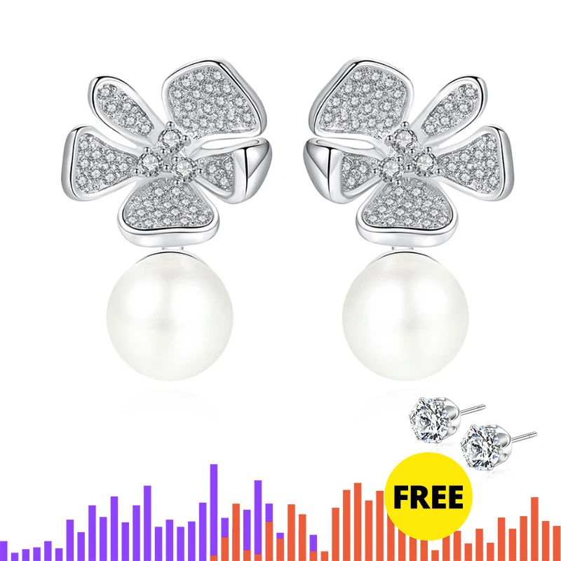 

LUOTEEMI Elegant Flower Shape Stud Earrings for Women Girls Party Wedding with Micro CZ Imitation Pearl Fashion Jewelry Brincos