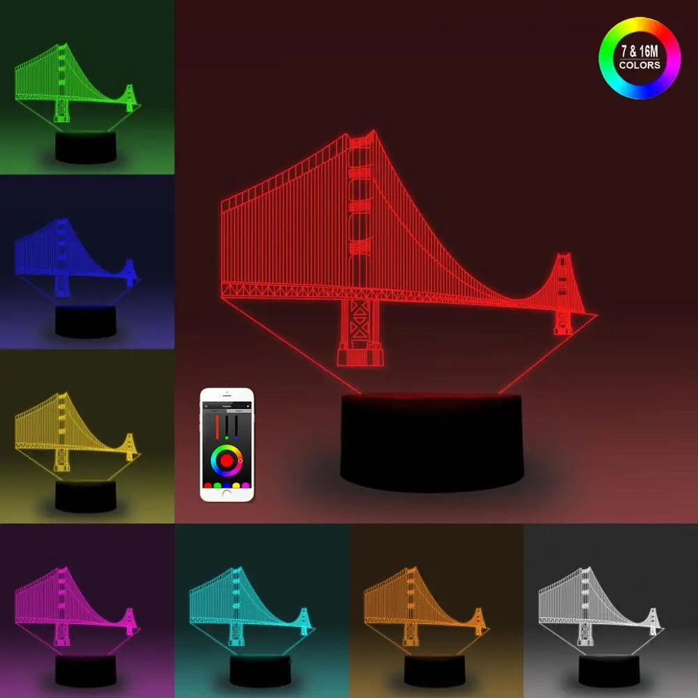 NiteApps 3D Золотые ворота мост ночник настольная Иллюзия украшение лампа подарок на день рождения приложение/сенсорный контроль