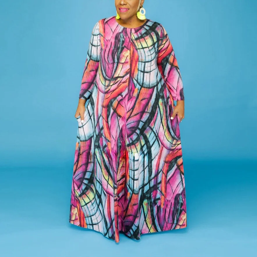 

Oversized 4xl 5xl Dresses Women Elegant Geometrical Print Long Sleeve Floor Length Straight Loose Evening Party Vestidos Mujer