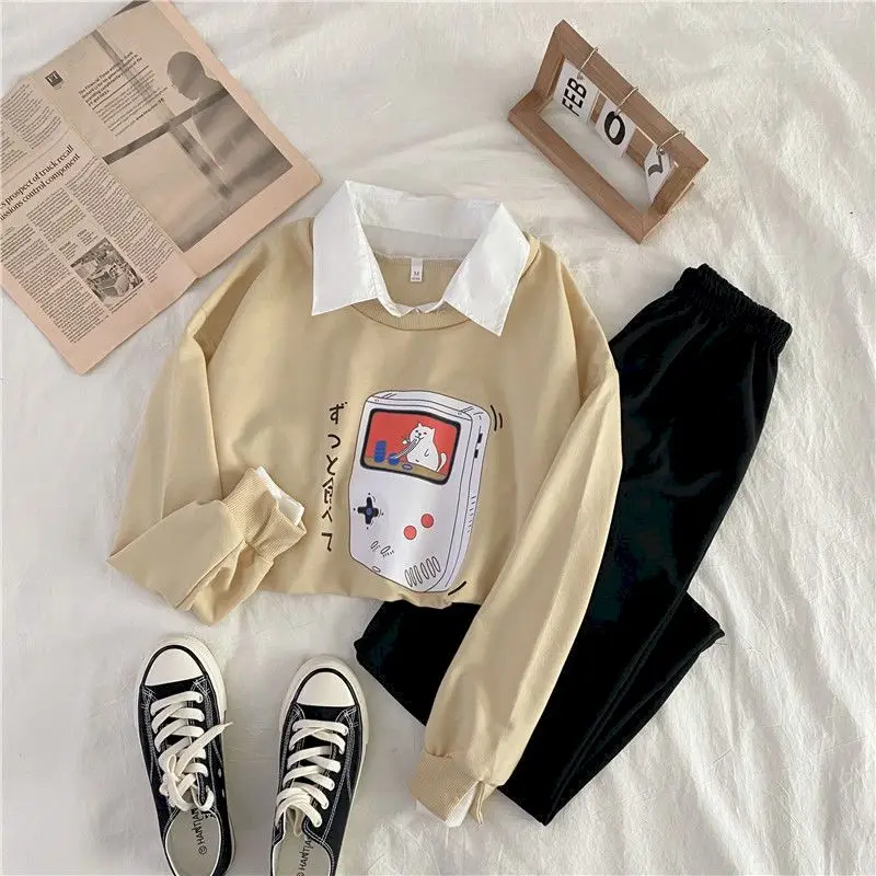 plus size pants suits evening wear Fake Two-piece Hoodies Wide-leg Pants Suit Female Students Korean Version Of Loose Polo Collar 2022 New Autumn Tide Harajuku Sty pink jogging suit