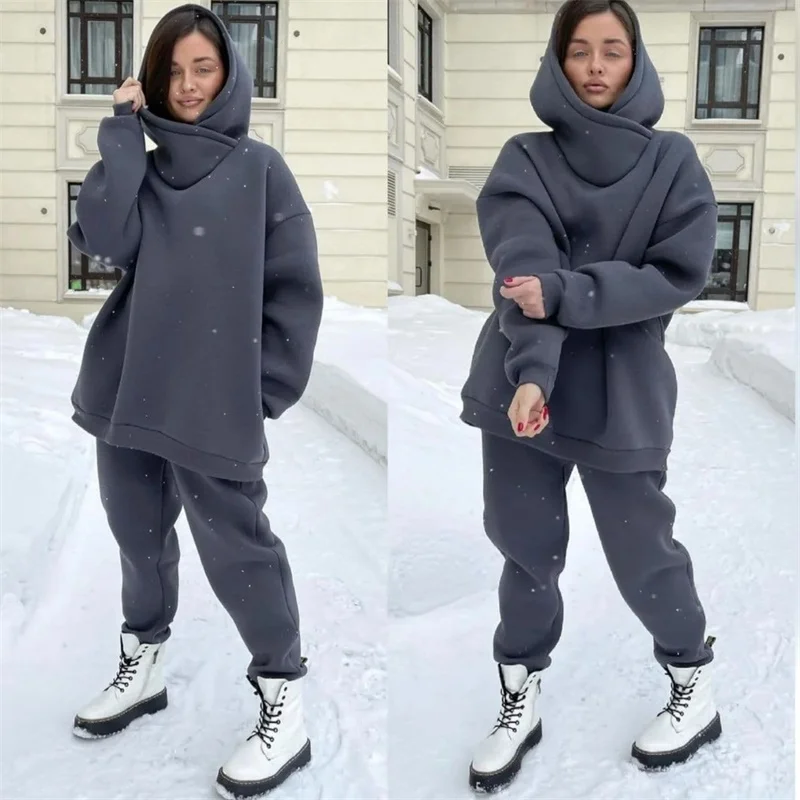 plus size sweat suits Women Autumn Winter Turtleneck Hooded Sweatshirts Jogger Pants Two Piece Set Casual Oversized Sports Suit Thick Fleece Tracksuit white pant suit