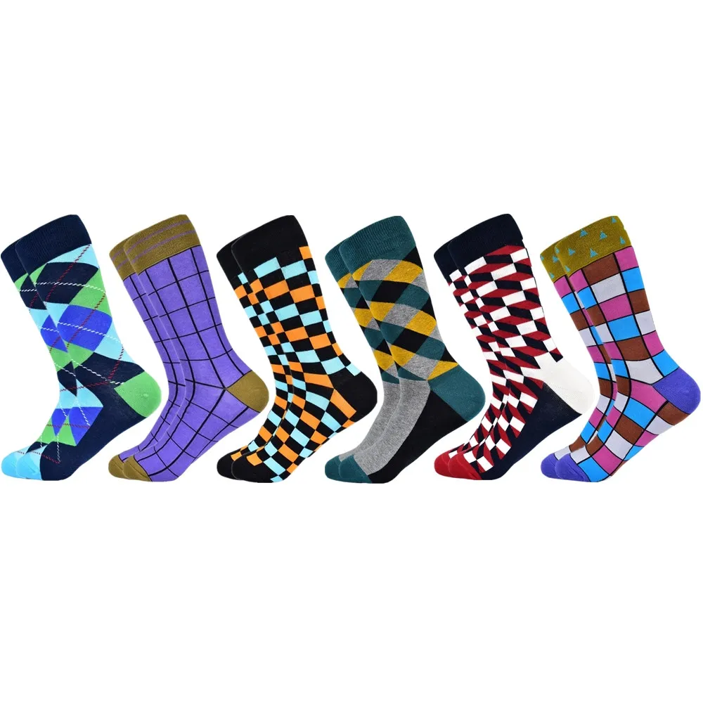 Популярные мужские носки из чесаного хлопка подарки для мужчин клетчатые геометрические повседневные мужские носки Цветные счастливые мужские носки - Цвет: 6 pairs socks-12