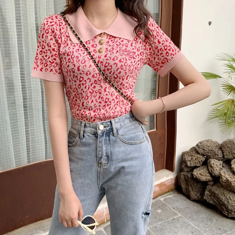 

Women's Slim Short Shirt Tops Casual Women Blouse Turn-down Collar Leopard Knit Blouse