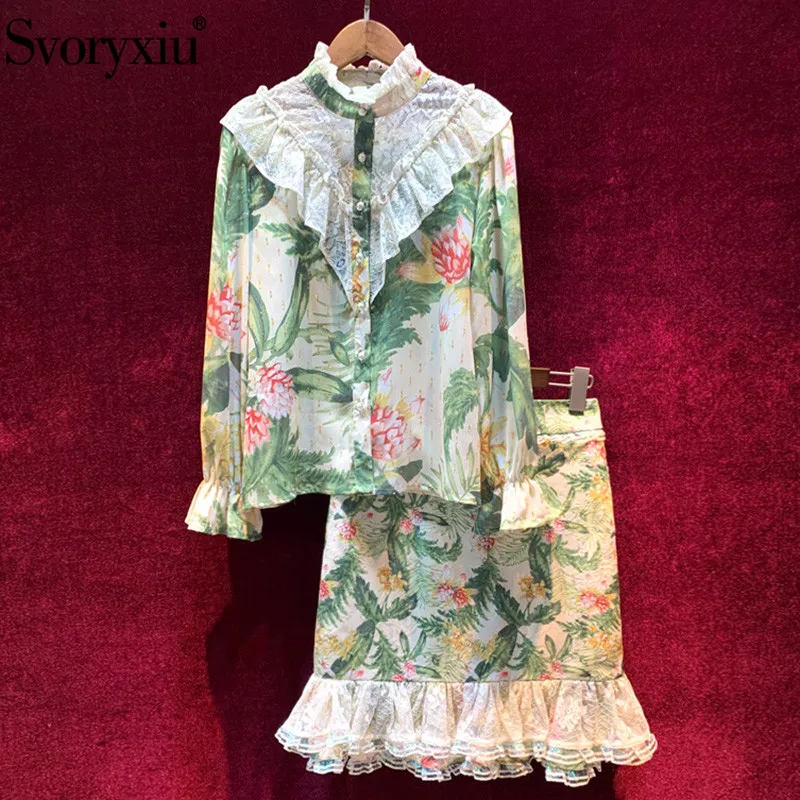 

Svoryxiu New Autumn Runway Fashion Two Piece Set Women's Vintage Lace Ruffles Flower Print Blouse + Mermaid Skirt Skirt Suit