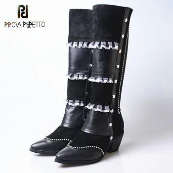 

Prova Perfetto Hand-made Genuine Leather Women Thigh High Boots Fringe Air Mesh Mixed Colors Pointed Toe Slip-on Lady Boots 2020