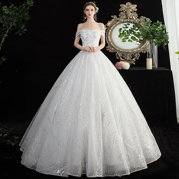 

Elegant White Princess Boat Neck Wedding Dress Luxury Sequins Bead Sparkly Tulle Saudi Arabia Off The Shoulder Bridal Gowns 2021