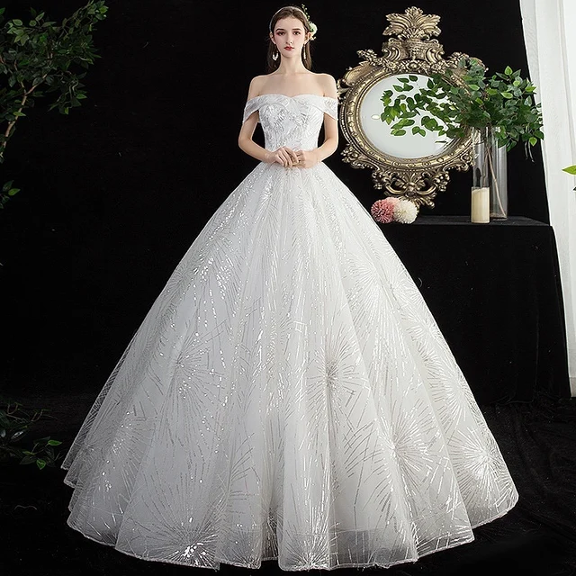$US $95.40 White Princess Wedding Dress Boat Neck Luxury Sequins Bead Sparkly Tulle Saudi Arabia Off The Shoulder Bridal Gowns 2021 Elegant