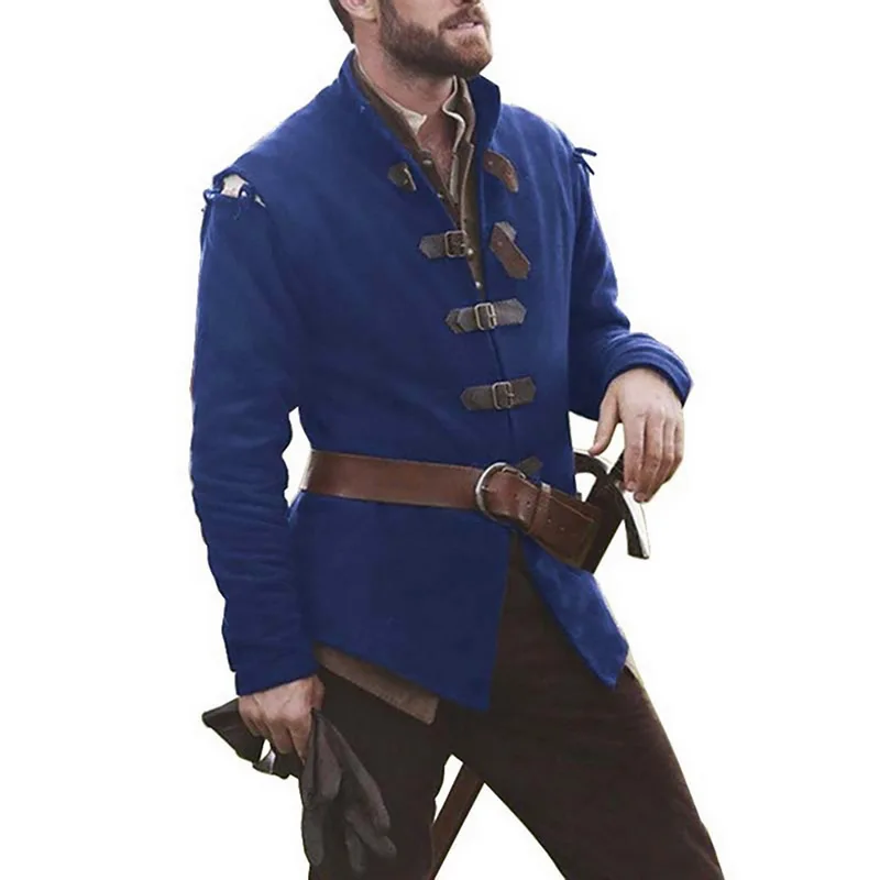 Мужская винтажная куртка в готическом стиле рыцарская одежда для вечерние Ретро стимпанк куртка с поясом сценический костюм - Цвет: dark blue