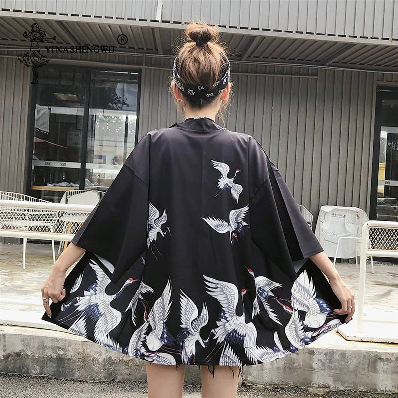 Япония юката женщин харакуджу Винтаж кран печати кимоно солнцезащитный Кардиган Верхняя одежда кимоно Femme выходные блузки кимоно косплей