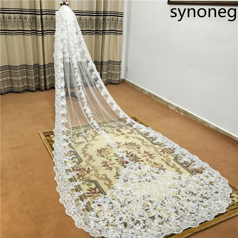 New sparkling beads Cathedral bride veil lace edge 1 layer with metal comb custom 5 meters long wedding New sparkling beads Cathedral bride veil lace edge 1 layer with metal comb custom 5 meters long wedding