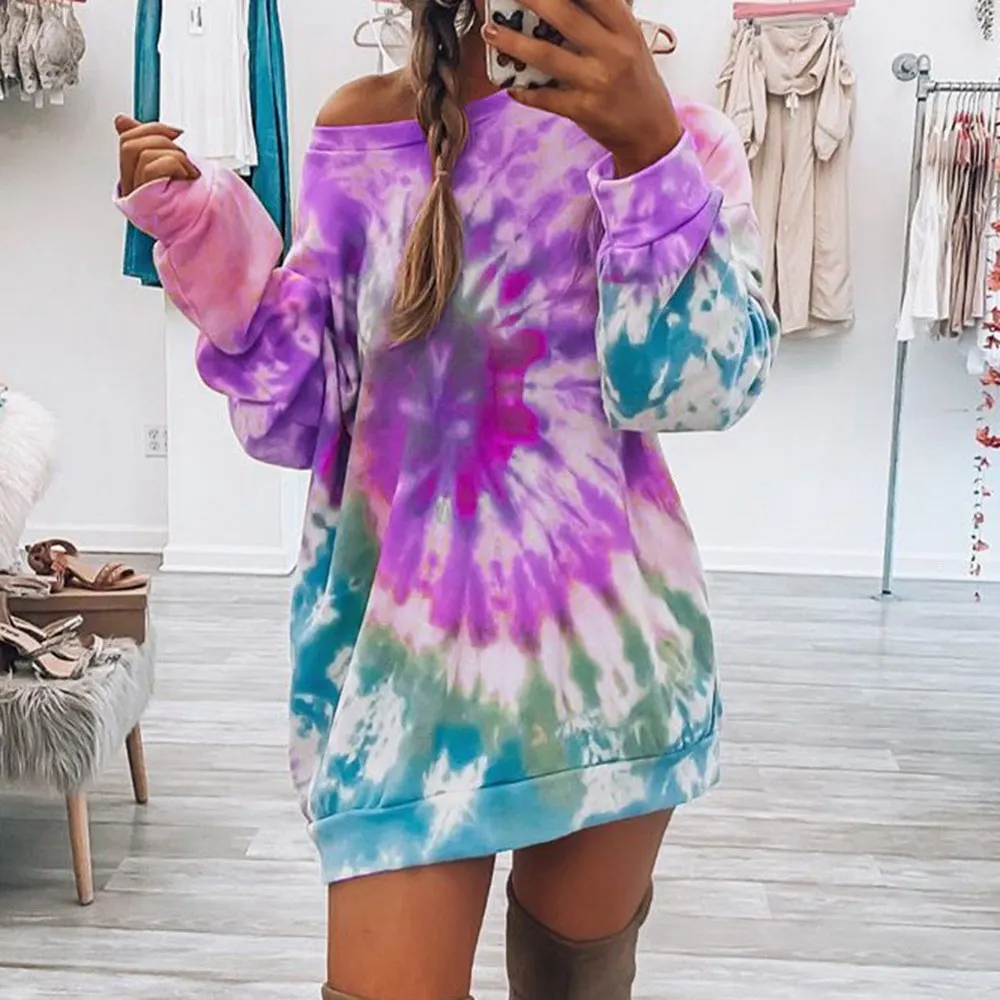 

Women Long Hoodies 2020 Autumn Winter Casual Tie Dye Print Long Sleeve Sweatshirts Multicolor Loose Pullover Tops Oversize