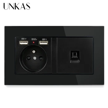 

UNKAS Luxury Glass Panel 2 Gang 146mm * 86mm Wall Power French Standard + Dual USB Charge Port Female RJ45 Computer Jack Outlet