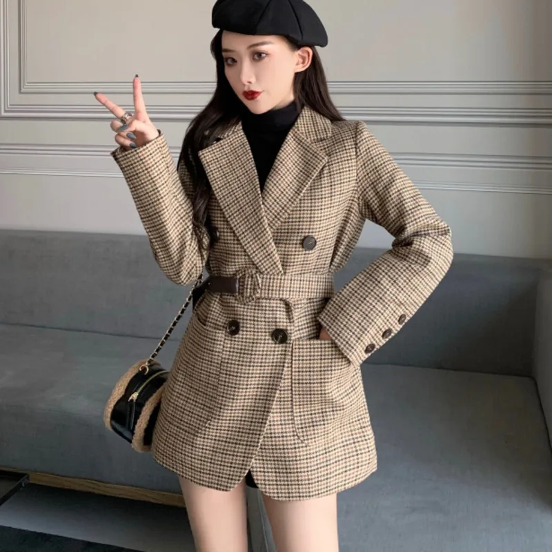 New Korean OL Plaid Work Woolen Blazer Jacket Women Casual Double-breasted Sashes Suit Coat Female Slim Vintage Blazer Outwear