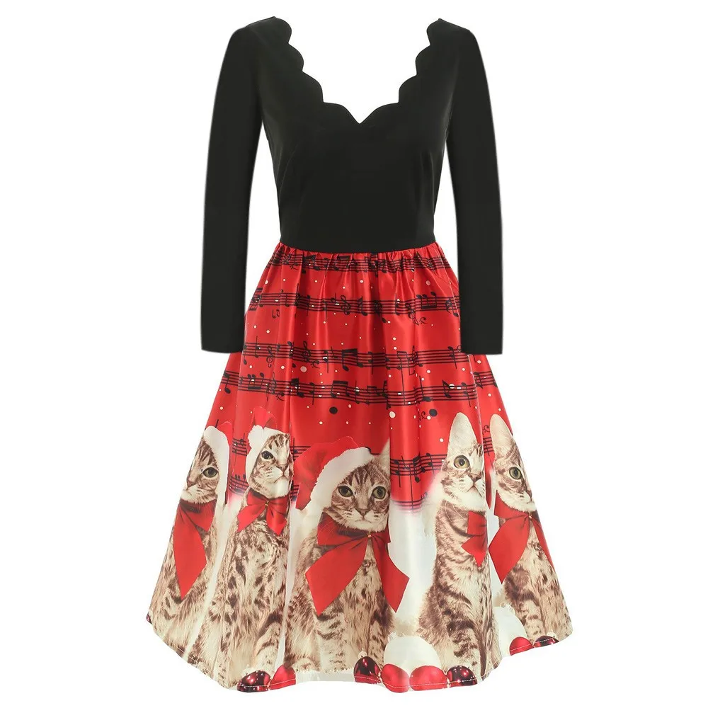2019 Women Cats Musical Notes Print Christmas Dress V Neck A Line Long Sleeve Vintage Party Vestidos De Fiesta Noche Mujer | Женская