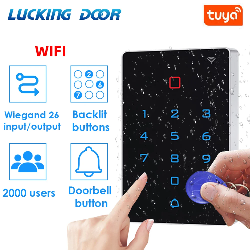 WiFi Tuya APP Backlight Touch 125khz RFID Card Access Control Keypad Door Lock Opener WG26 Input Output Watreproof Manger Card