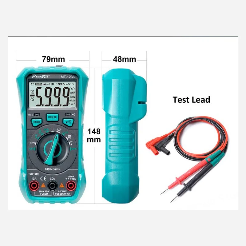 Pro'sKit MT-1236 3-5/6 True RMS Digital Multimeter ACA ACV DCA DCV Automatic Range Electrician Burn-proof Meter LED Lighting