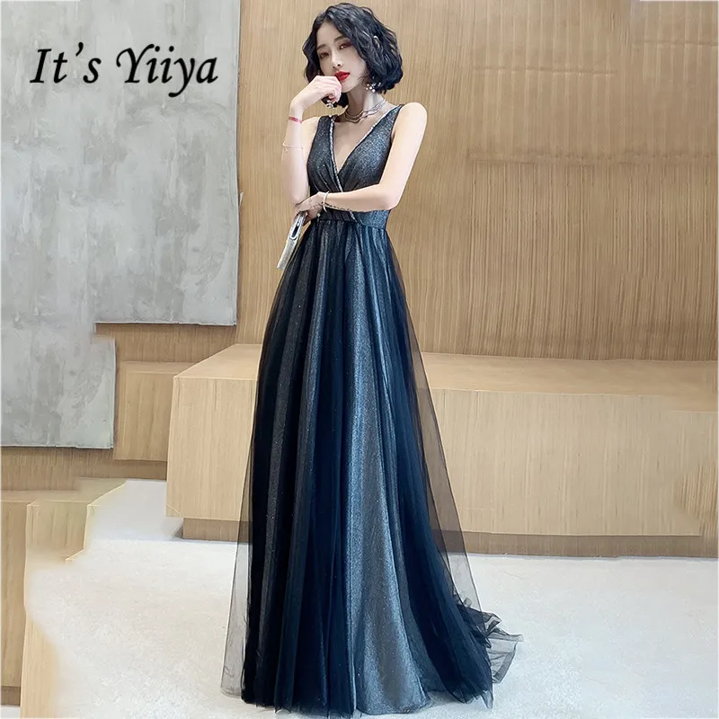 Yiiya вечерние платья с v-образным вырезом, Черное длинное вечернее платье, элегантные вечерние платья без рукавов размера плюс, плиссированное платье LF113 - Цвет: Черный