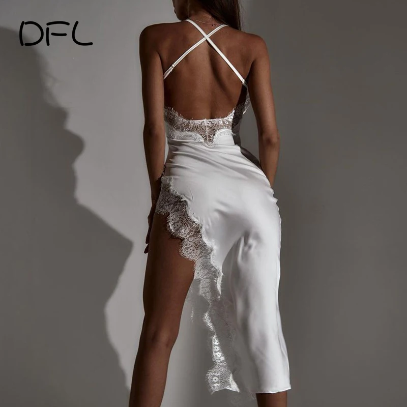 

DFLlifes Asymmetrical Backless Dress Bandage Lace Solid Slim Robe Sexy Clubwear Sleeveless Basic Women's Dresses High Split 2022