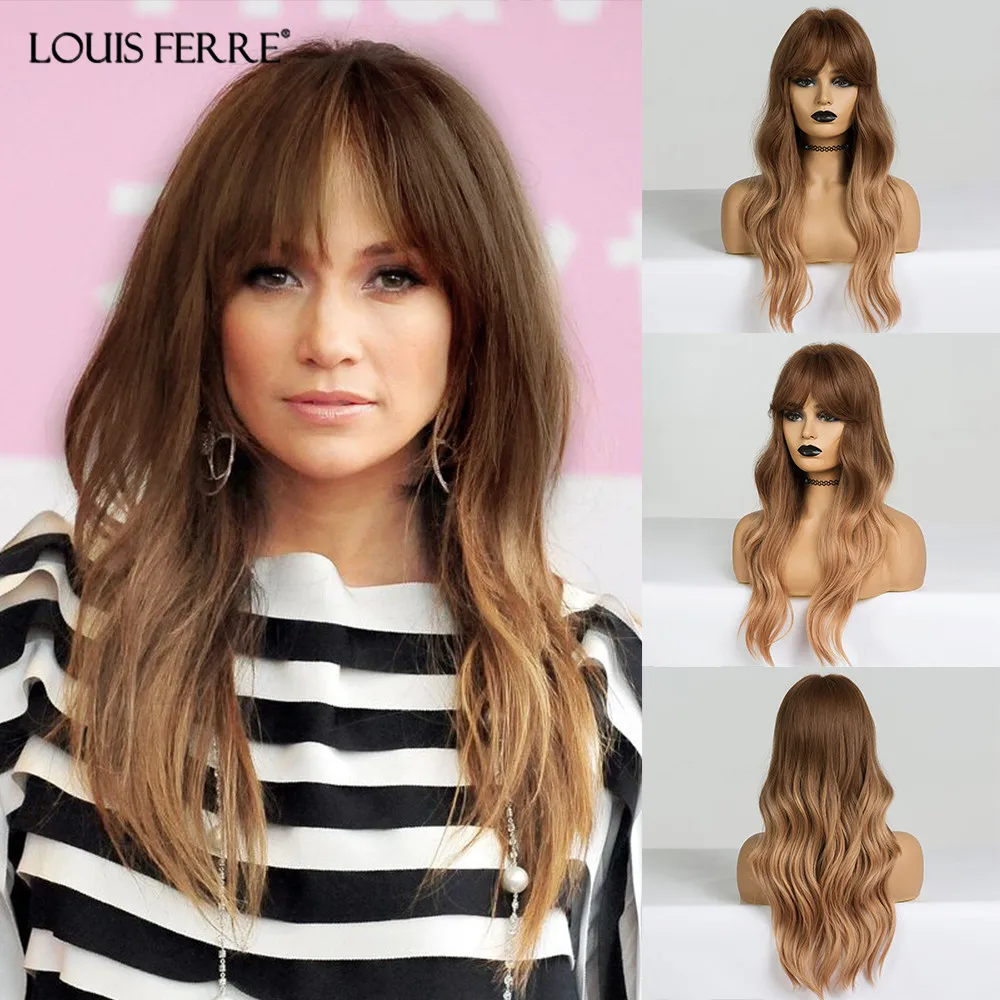 

LOUIS FERRE Long Wavy Hair Wigs with Bangs Heat Resistant Synthetic Wigs for Black Women Fake Hair Ombre Brown Gloden Blonde Wig