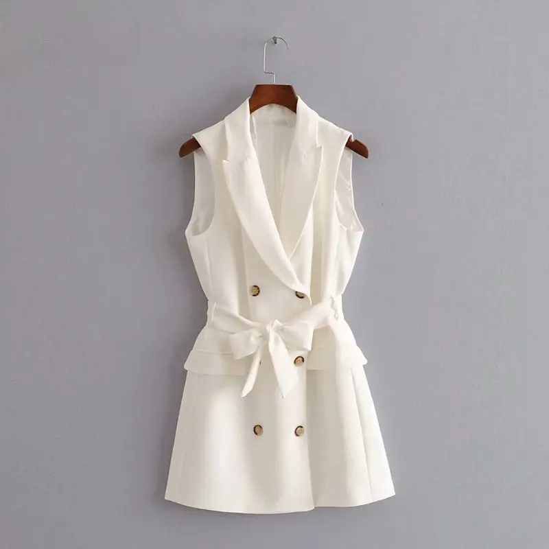 Стильный шикарный женский белый бант пояса двубортный жакет без рукавов 2019