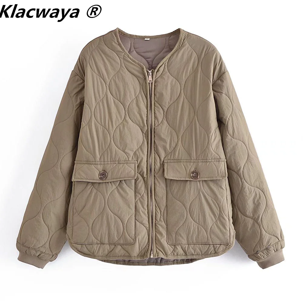 

Klacwaya 2021 Women Coat Fashion Solid color Double-Sided Quilted Coats Vintage O Neck With Pockets Female Autumn Casual Jackets