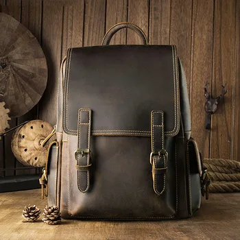 

BOLEKE Fashion Genuine Leather Men Backpack Vintage Waterproof Cow Leather Women Backpacks Crazy Horse Leather Backpack