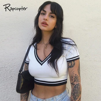 

Rapcopter Stripe Women T Shirt Short Sleeve Tops Summer Tees Tops Skinny Sexy Crop Top Casual Knitted Tshirt Fashion Streetwear