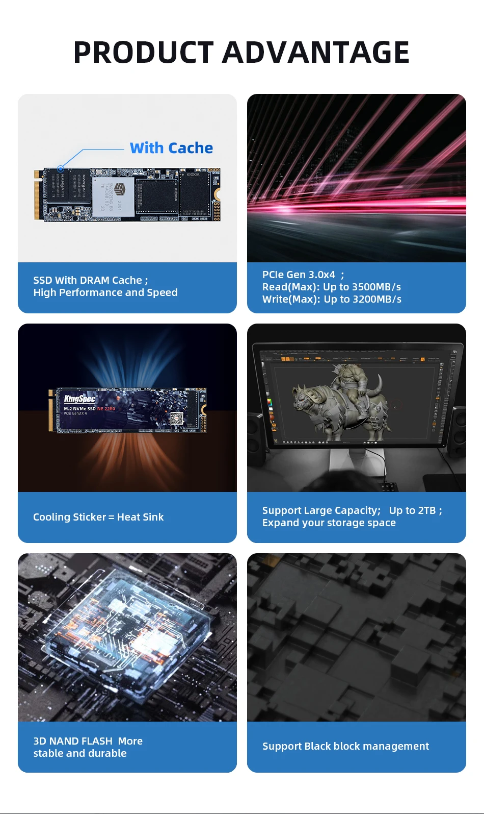 KingSpec M.2 NVMe SSD with Dram 1TB NVMe PCIe M.2 2280 Internal SSD High Performance Solid State Drive R/W 3400/2900MB/s ssd drive 1tb internal