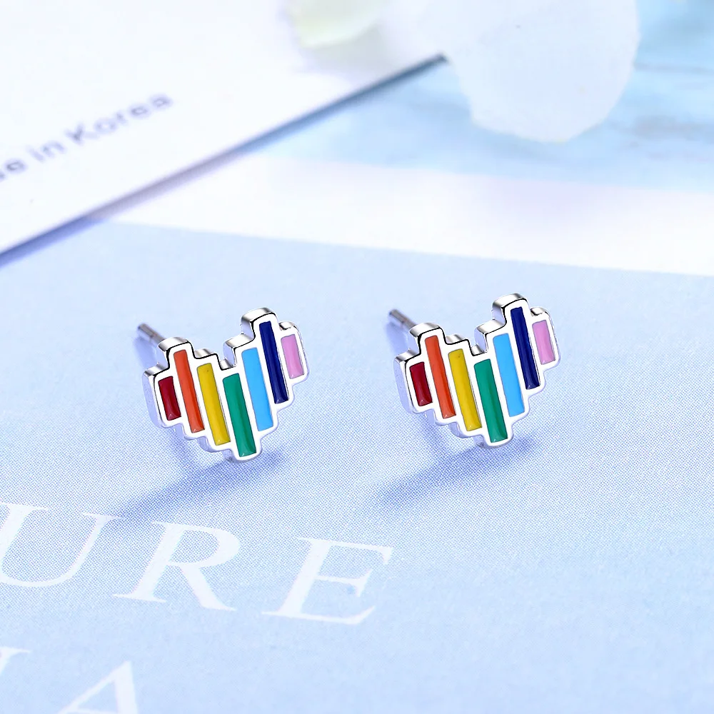 

Fashion 925 Sterling Silver Earrings Dropping glue Rainbow Heart Design Stud Earrings for Women pendientes oorbellen boucle