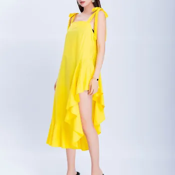 

Women 2020 New Summer Casual Fahsion Yellow Sleeveless Square Neck Dress Temprament Slim Ruffles Split Bow Lace Up Midi Dress