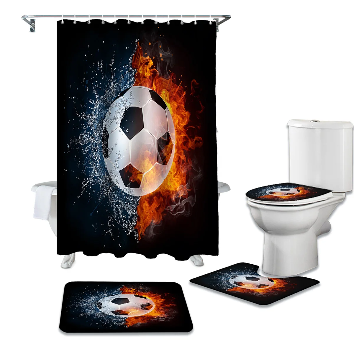 Bathroom Shower Curtain and Rug Sets Football Ball Sports Fire Water Toilet Lid Cover Bath Mat Waterproof Curtains Set | Дом и сад