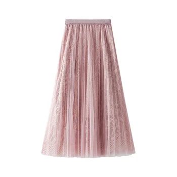 

Spring Elegant Pleated Long Mesh Skirts Sweet Floral Crochet Lace Layered Tulle A-line Long Skirts Pink Gray
